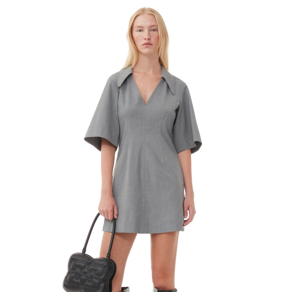 NWT Ganni Grey Melange Collar Short Sleeve Mini Dress